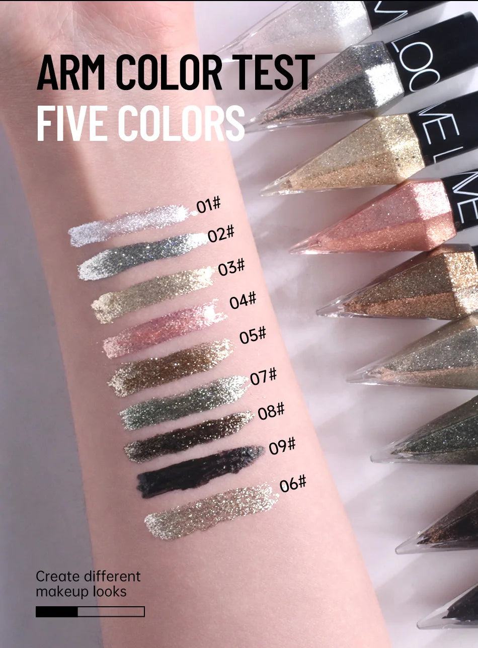 Arm swatch test of glitter eyeliner shades 01# to 09# showing silver, gold, pink, green, black, and more.