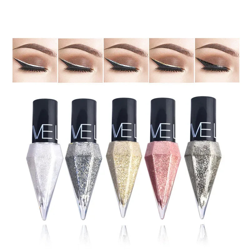 Five glitter eyeliner shades with matching winged eye makeup demos—silver, dark silver, gold, pink, and greenish silver