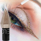 Close-up of dramatic gold glitter eyeliner makeup with applicator and ELO product packaging