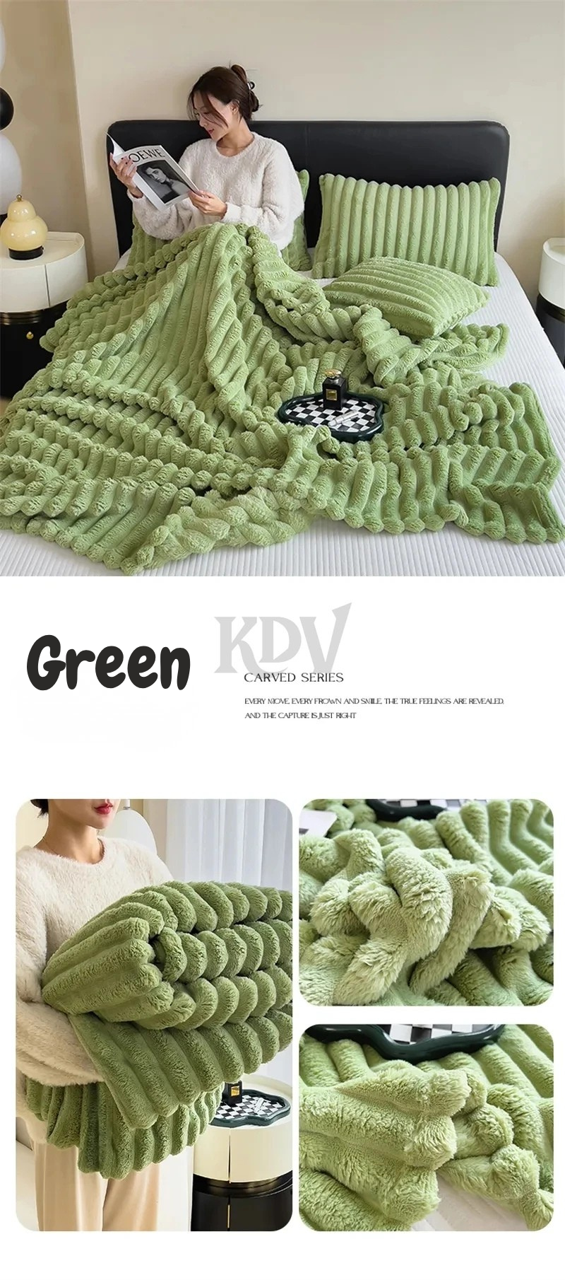 Green ribbed plush blanket shown in lifestyle and close-up views—soft, cozy, warm, and multifunctional for bed, sofa, or travel use