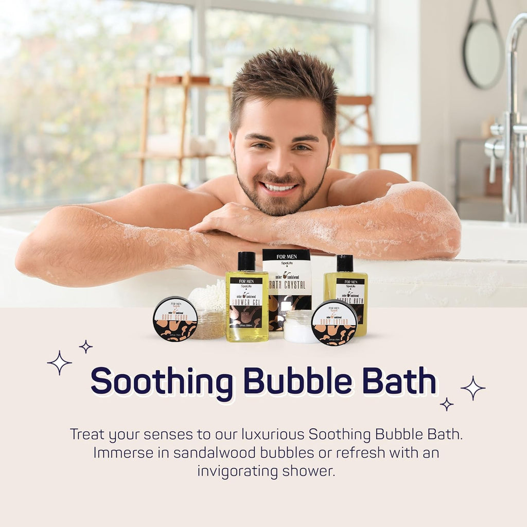 Man relaxing in bubble bath with Herbes sandalwood skincare set—includes body lotion, scrub, and bath salts for soothing self-care.