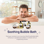 Man relaxing in bubble bath with Herbes sandalwood skincare set—includes body lotion, scrub, and bath salts for soothing self-care.