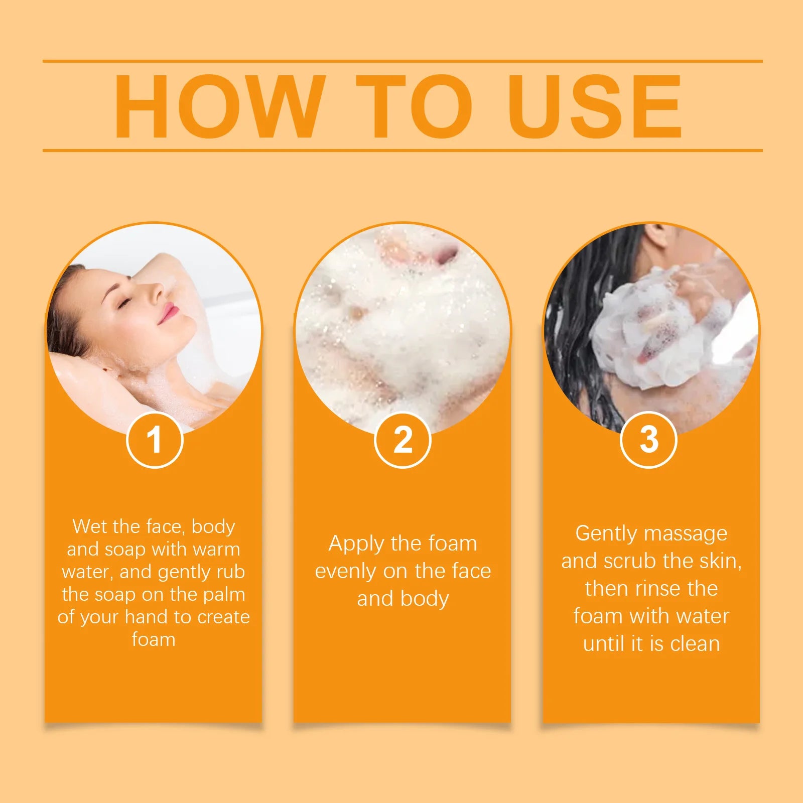Step-by-step guide for using Hoygi Turmeric Soap—create foam, apply evenly, massage gently, and rinse clean