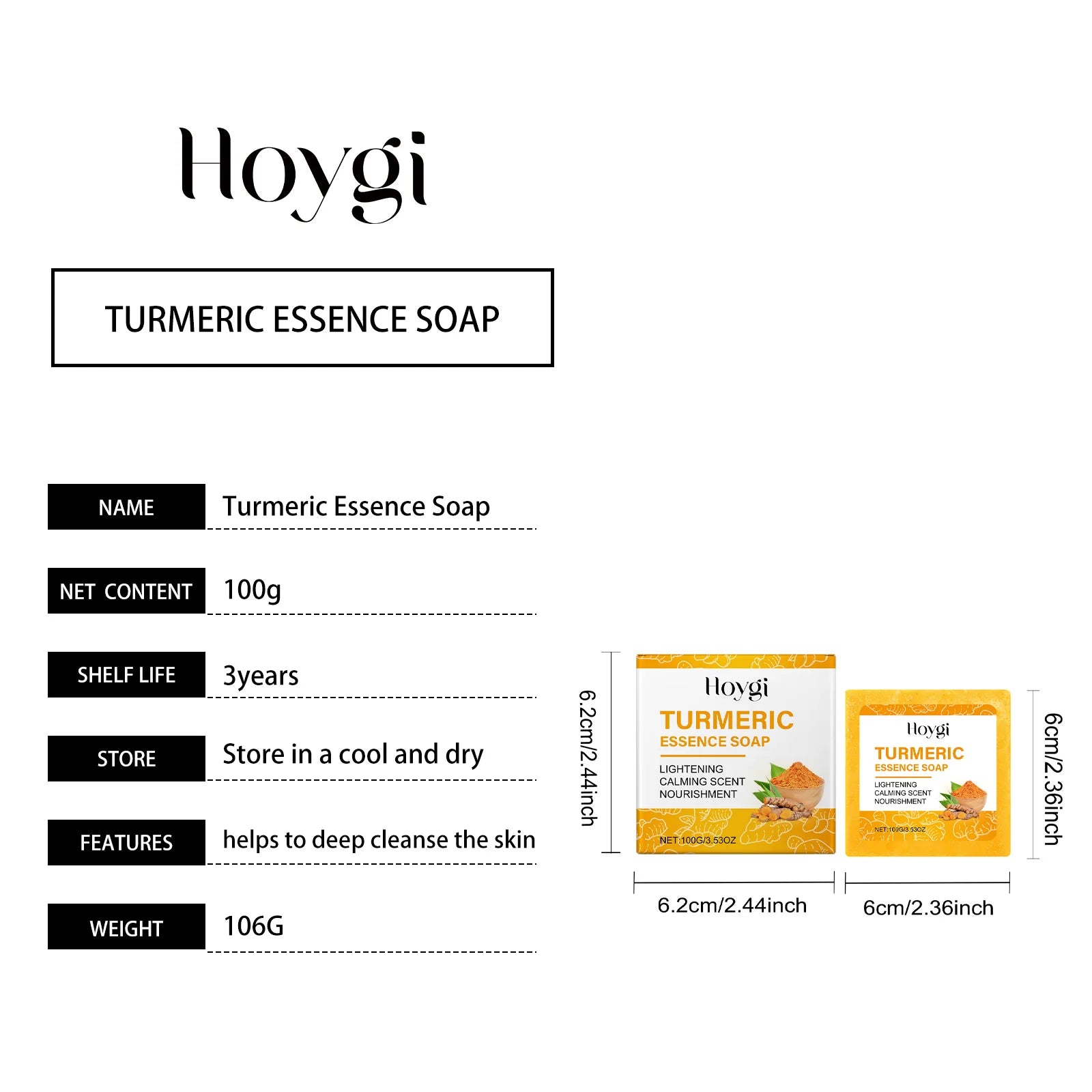 Hoygi Turmeric Essence Soap 100g—deep cleansing skincare with 3-year shelf life and compact 6.2cm packaging
