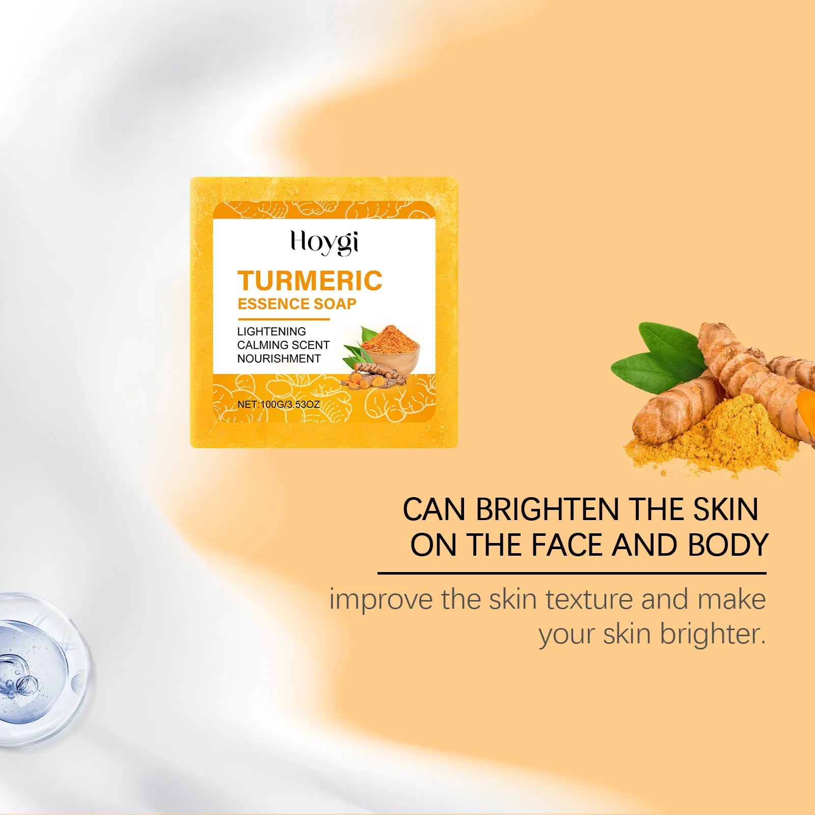 Hoygi Turmeric Essence Soap 100g—brightens face and body, improves skin texture, calming scent with turmeric root and powder