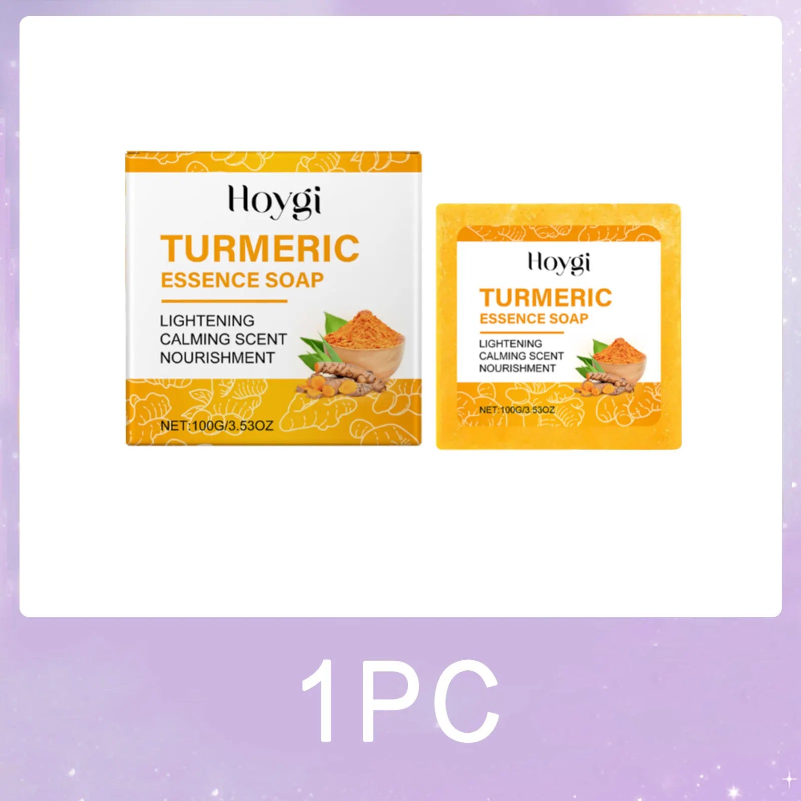 Hoygi Turmeric Essence Soap 100g—lightening, calming scent, and nourishing effect with turmeric root packaging