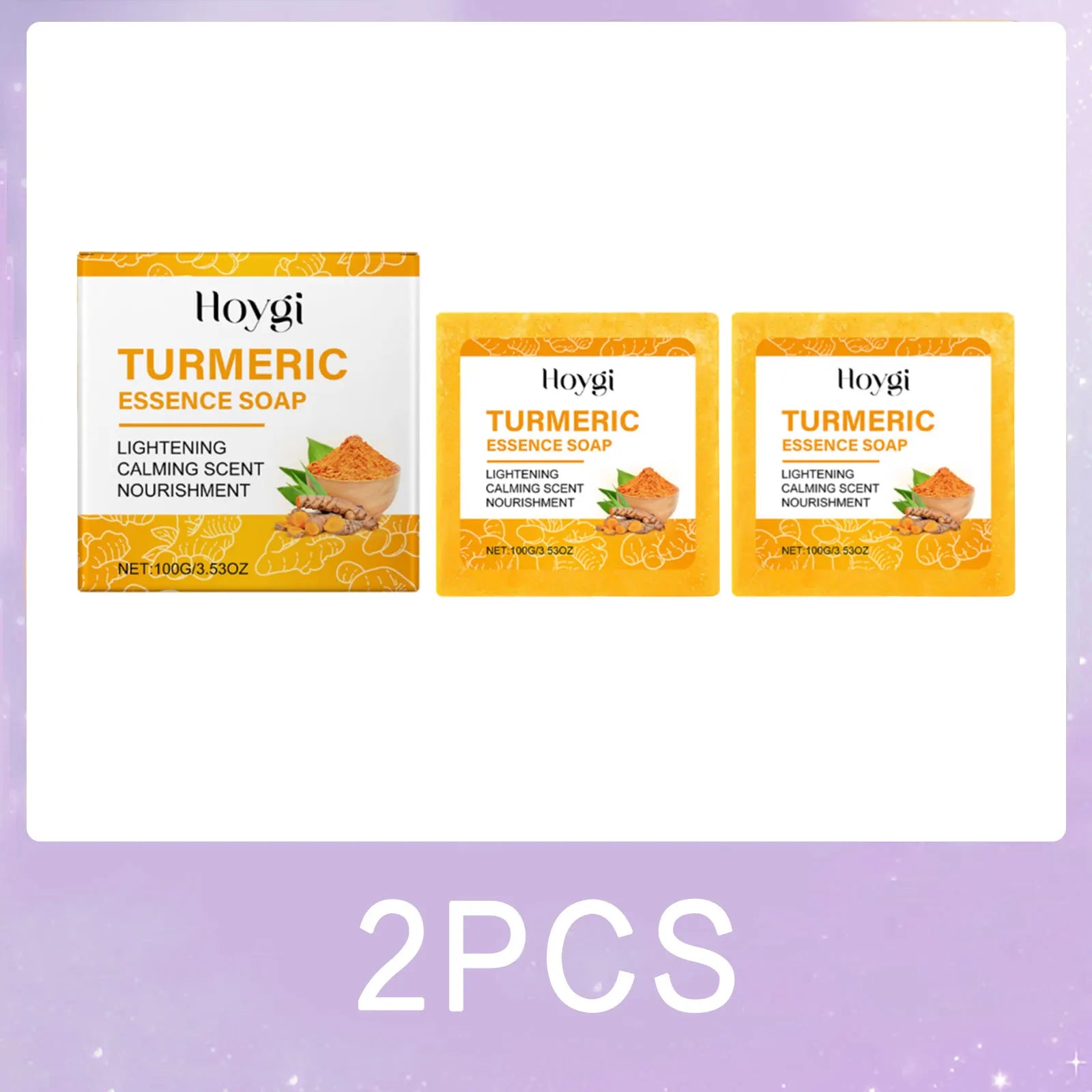 Hoygi Turmeric Essence Soap 100g x 2pcs —lightening, calming scent, and nourishing effect with turmeric root packaging