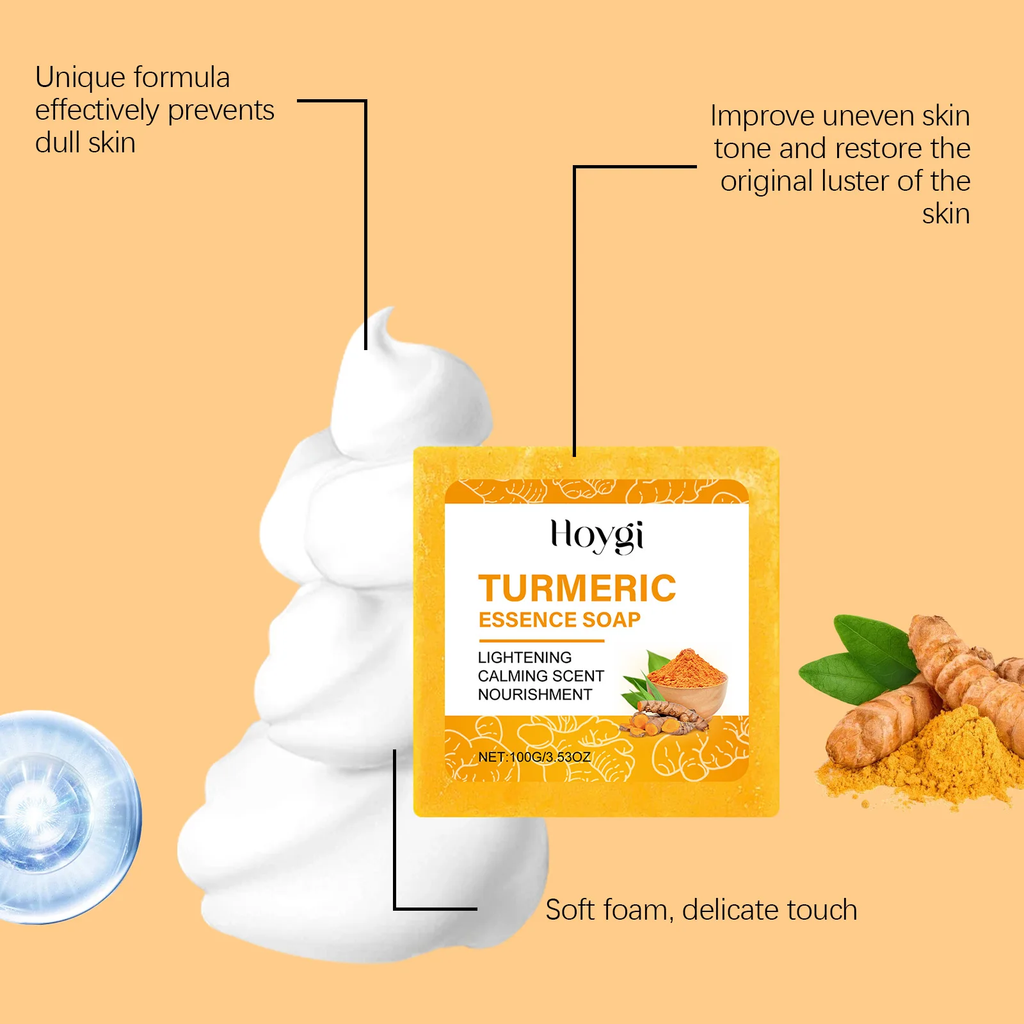 Hoygi Turmeric Essence Soap with soft foam texture—brightens dull skin, improves uneven tone, and restores natural glow