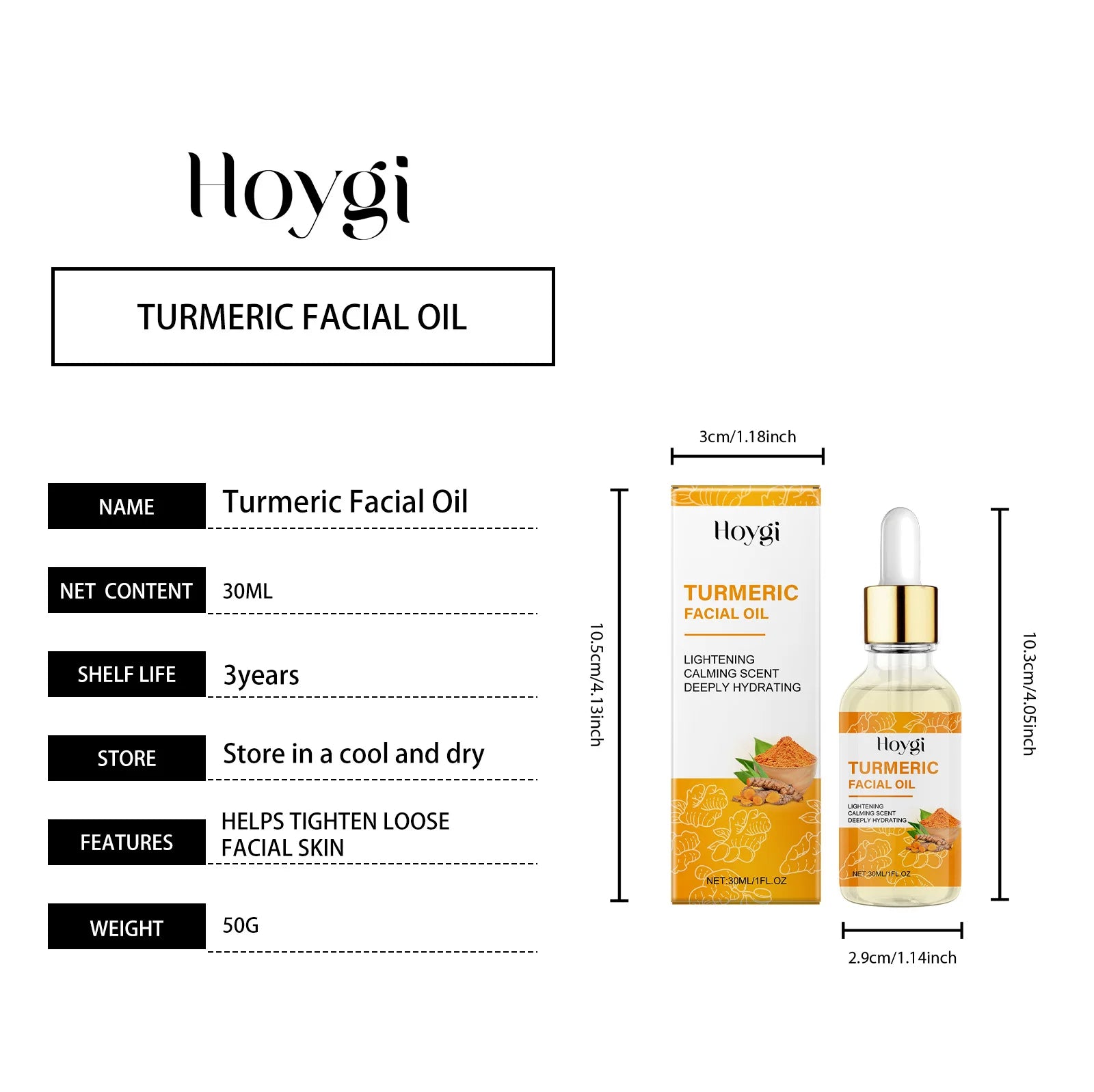 Hoygi Turmeric Facial Oil 30ml—tightens loose skin, 3-year shelf life, compact packaging with dropper bottle