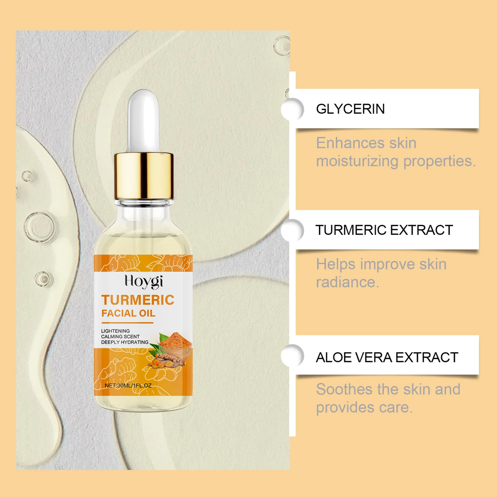Hoygi Turmeric Facial Oil with glycerin, turmeric, and aloe vera—lifting, brightening, and deeply hydrating skincare