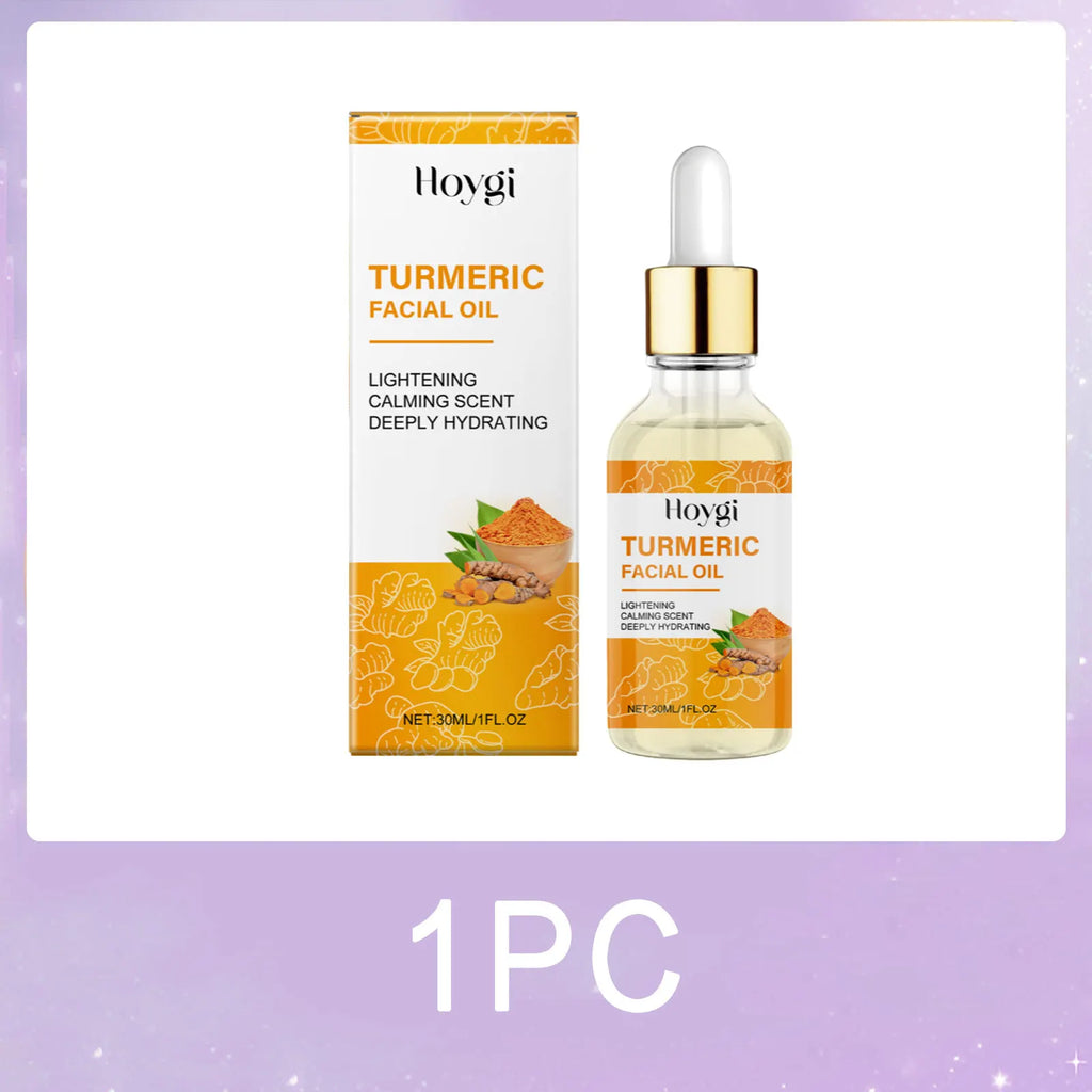 Hoygi Turmeric Facial Oil 30ml with dropper—lightening, deeply hydrating, and calming scent in golden packaging