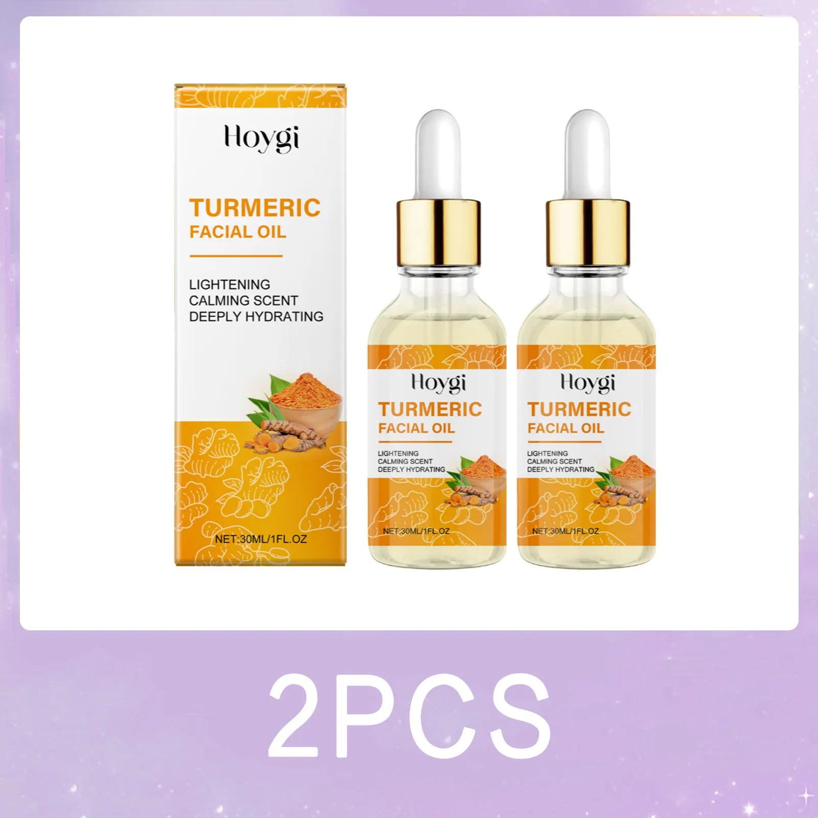 Hoygi Turmeric Facial Oil 30ml x 2pcs with dropper—lightening, deeply hydrating, and calming scent in golden packaging