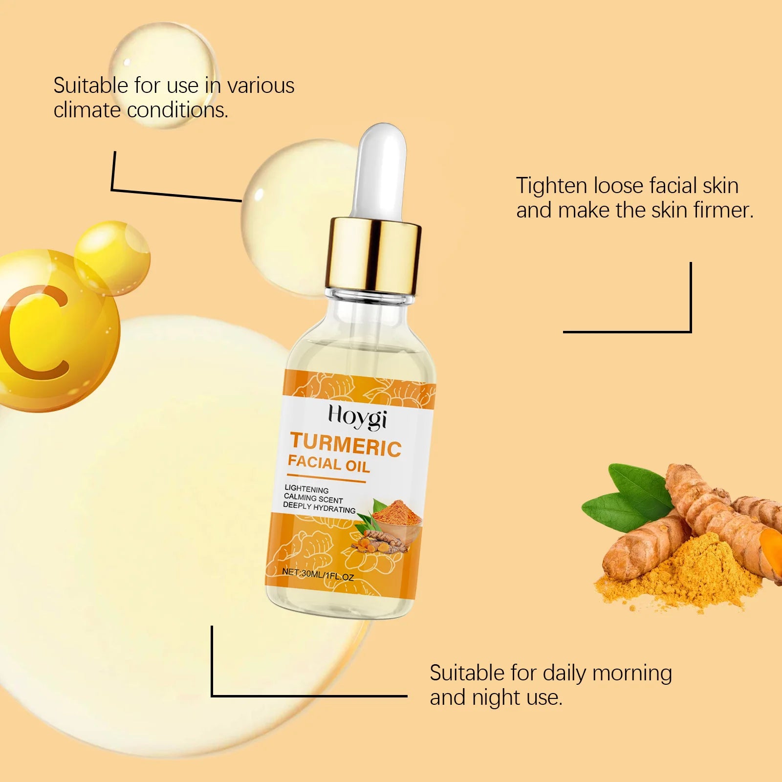 Hoygi Turmeric Facial Oil with vitamin C—tightens and firms skin, suitable for all climates and daily morning and night use