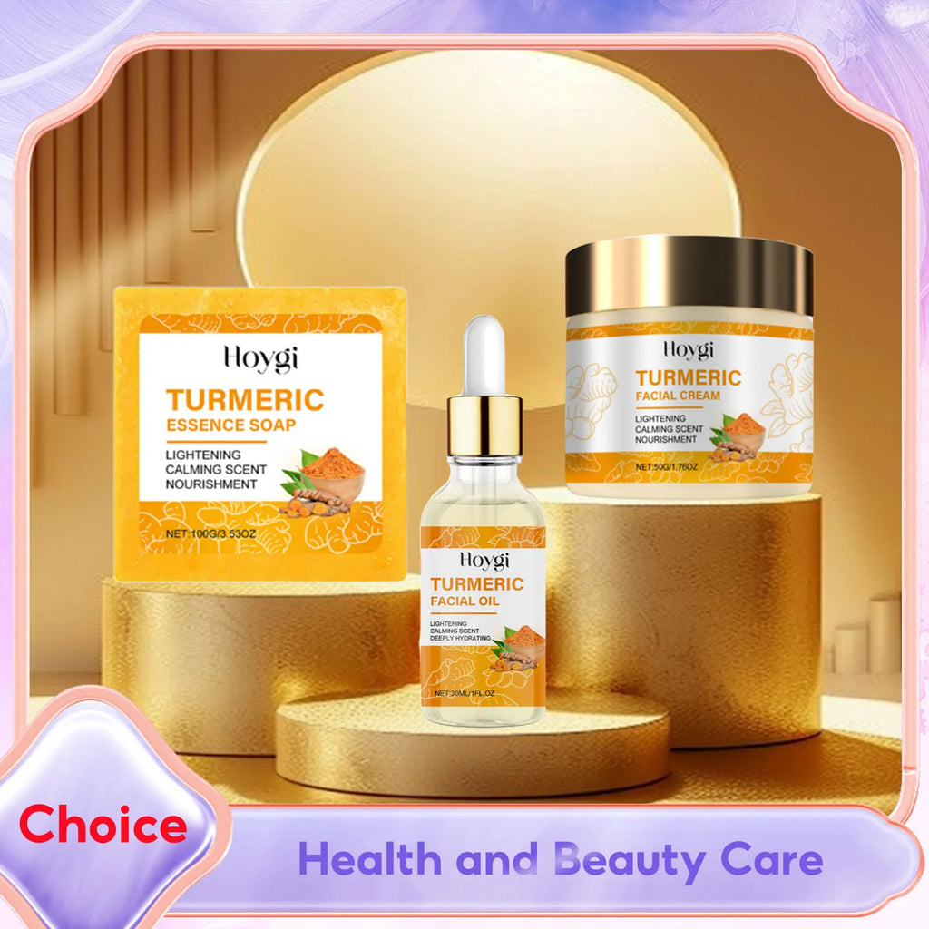 Hoygi turmeric skincare set with essence soap, facial oil, and cream—lightening, nourishing, and calming scent benefits