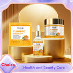 Hoygi turmeric skincare set with essence soap, facial oil, and cream—lightening, nourishing, and calming scent benefits