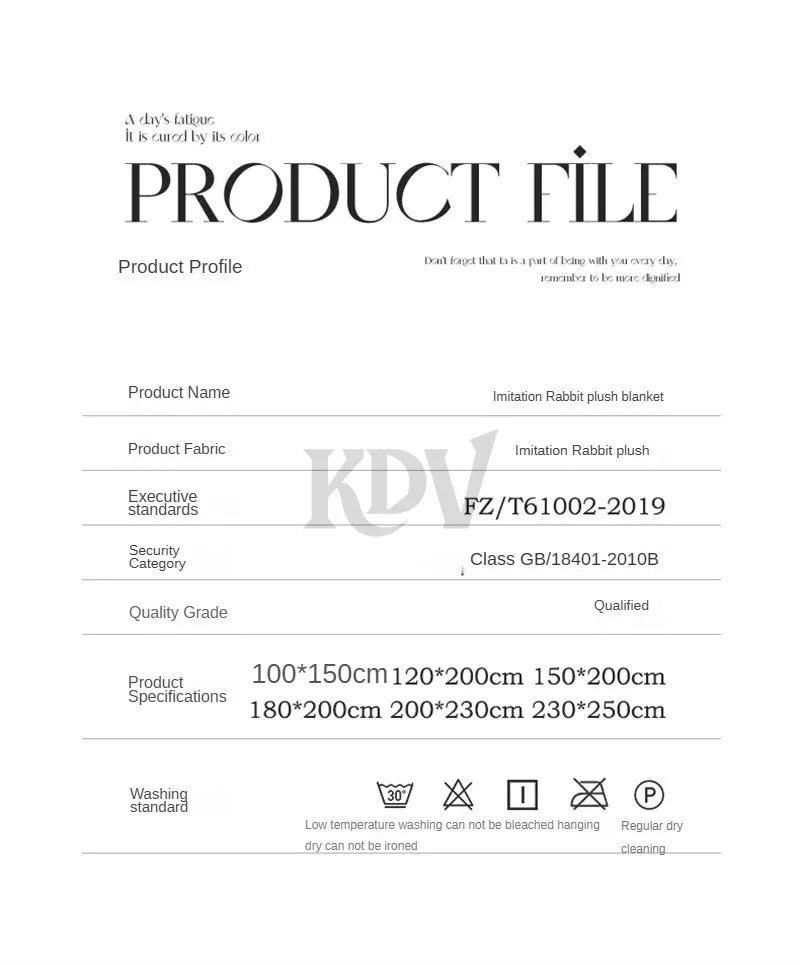 Product specification sheet for imitation rabbit plush blanket—includes fabric type, safety standards, available sizes from 100×150cm to 230×250cm, and washing instructions