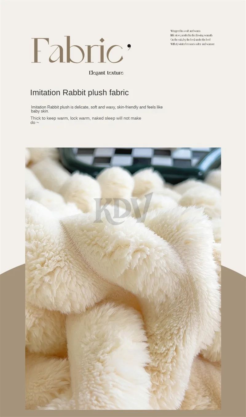 Close-up of imitation rabbit plush fabric—cream-colored, ultra-soft, skin-friendly, and thick texture designed for warmth and elegant comfort