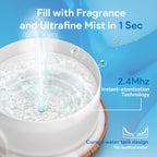 Mist diffuser with 2.4Mhz instant-atomization—curved water tank design, ultrafine mist in 1 second, and fragrance fill for hydration and freshness