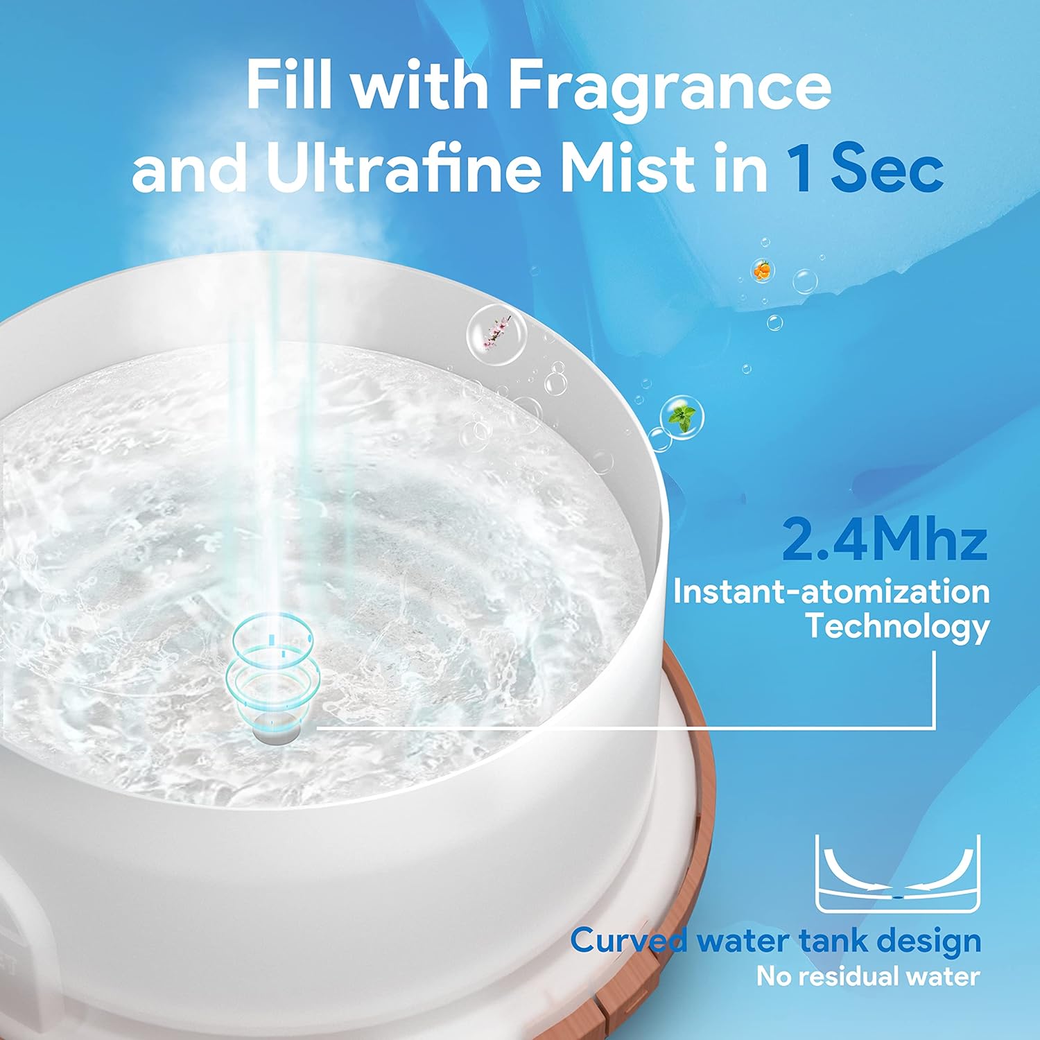 Mist diffuser with 2.4Mhz instant-atomization—curved water tank design, ultrafine mist in 1 second, and fragrance fill for hydration and freshness
