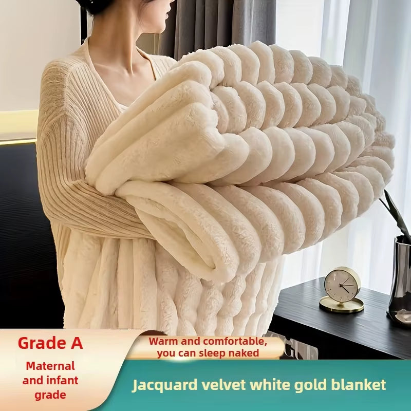 Grade A jacquard velvet white gold blanket—maternal and infant safe, ultra-soft, warm, and plush with ribbed texture for luxurious comfort and cozy sleep