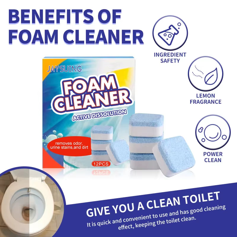 Promotional image of JAYSUING toilet foam cleaner pods with 12 blue and white tablets, highlighting lemon fragrance, ingredient safety, and powerful stain removal, shown with clean toilet bowl inset. 