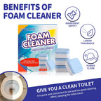 Promotional image of JAYSUING toilet foam cleaner pods with 12 blue and white tablets, highlighting lemon fragrance, ingredient safety, and powerful stain removal, shown with clean toilet bowl inset. 