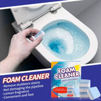 Hand dropping JAYSUING toilet foam cleaner tablet into bowl with blue dissolving water, showing packaging and benefits like lemon fragrance, stain removal, and safe pipeline cleaning.