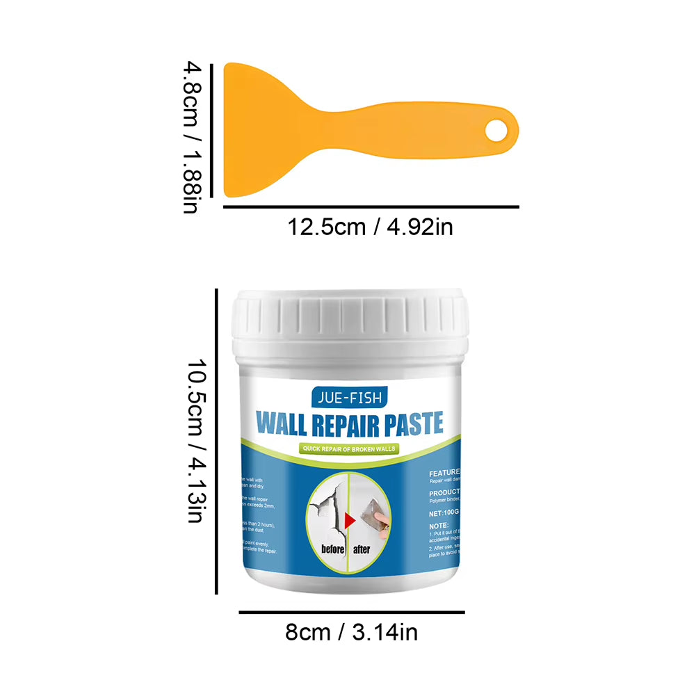 JUE-FISH wall repair kit with orange scraper and labeled container—includes size reference for scraper (12.5x4.8cm) and paste container (10.5x8cm) for easy planning