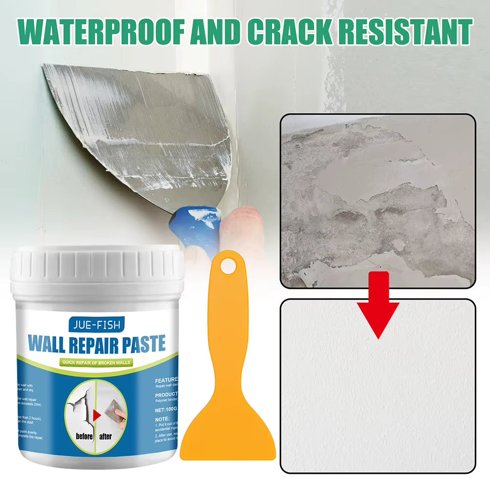 JUE-FISH wall repair paste with scraper—hand applying white paste to damaged wall with before-and-after comparison showing waterproof crack-resistant results