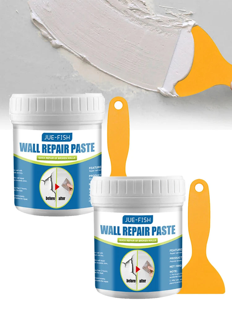 JUE-FISH wall repair paste applied with yellow spatula—includes two containers and tools with visual before-and-after comparison showing smooth wall restoration