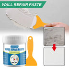 Hand applying JUE-FISH wall repair paste with yellow scraper—visual comparison shows damaged wall restored to smooth finish using quick repair solution