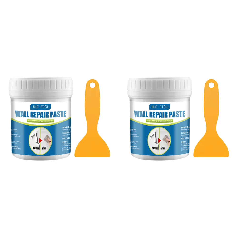 Two containers of JUE-FISH wall repair paste with yellow spatulas—fast drying, strong adhesion, non-toxic formula for easy wall crack and damage repair
