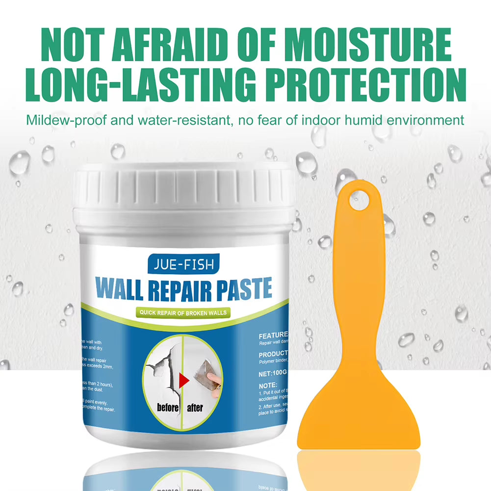 JUE-FISH wall repair paste with yellow scraper—mildew-proof and water-resistant formula for long-lasting protection in humid indoor environments