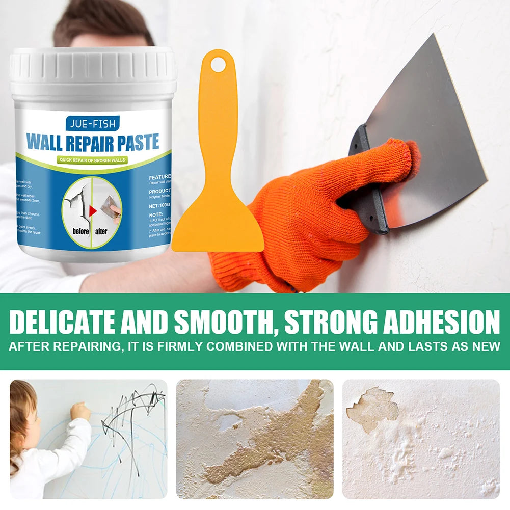JUE-FISH wall repair paste with scraper and putty knife—orange-gloved hand applying paste to damaged wall with before-and-after results showing strong adhesion and smooth finish