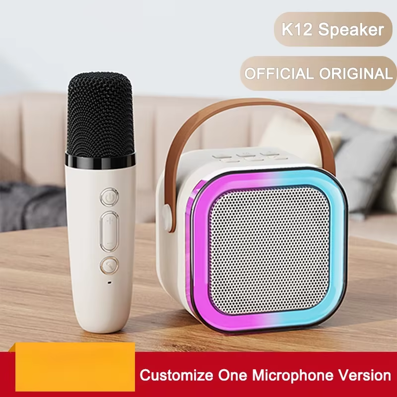 K12 official original karaoke speaker with LED lights and one customizable wireless microphone—compact, stylish audio setup for personal singing and home entertainment