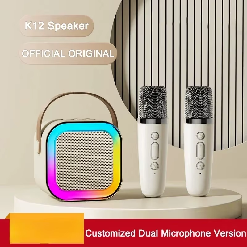 K12 portable karaoke speaker with LED lights and customized dual wireless microphones—ideal for immersive Bluetooth audio, parties, and presentations