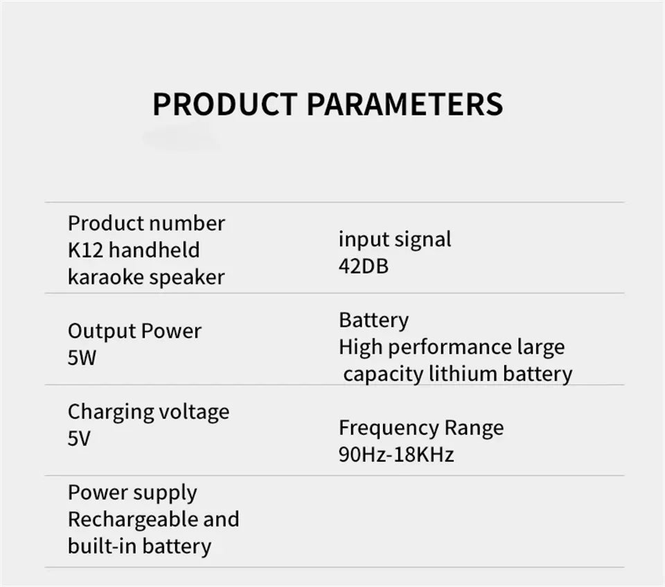 Specification sheet for K12 handheld karaoke speaker—features 5W output power, 42dB input signal, high-capacity lithium battery, 5V charging, and 90Hz–18KHz frequency range