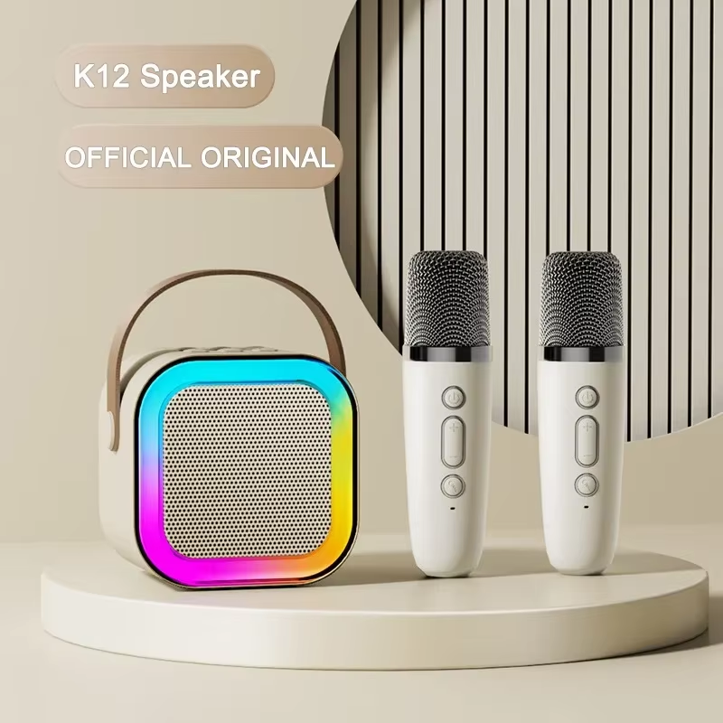 K12 official original karaoke speaker with vibrant LED lights and dual wireless microphones—stylish portable audio setup for singing, parties, and presentations