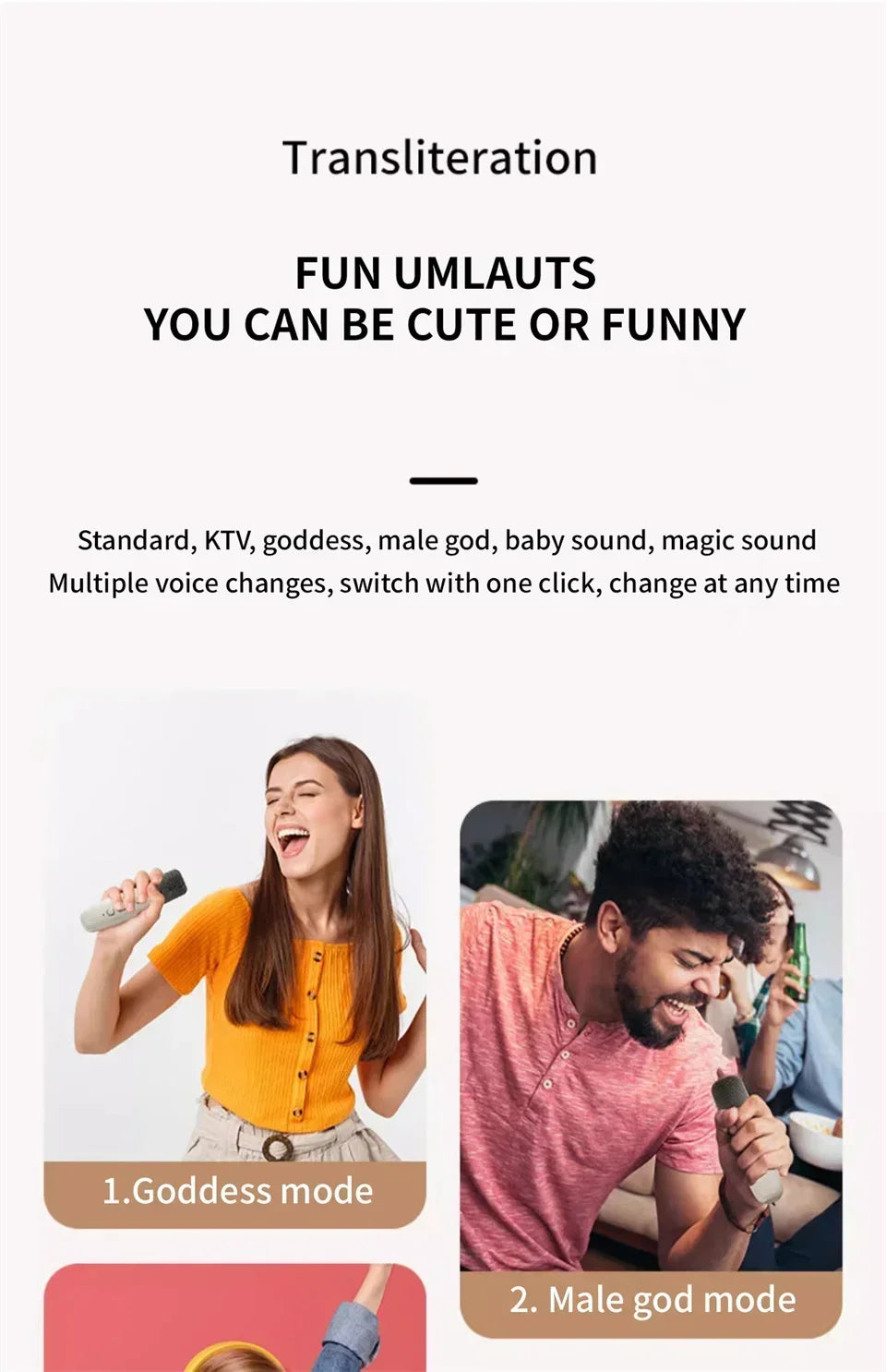 Promotional image showcasing karaoke microphone voice change modes—includes goddess, male god, baby, magic, and KTV effects with one-click switching for fun and expressive singing