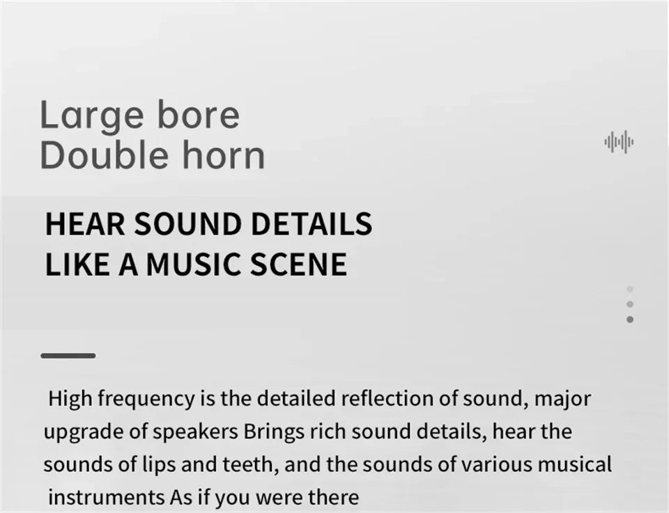 Promotional graphic highlighting double horn and large bore speaker design—emphasizes high-frequency clarity, rich sound details, and immersive music scene experience