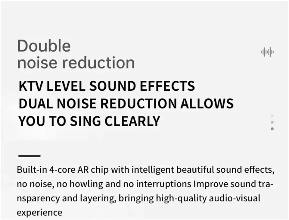 Promotional graphic highlighting dual noise reduction and KTV-level sound effects—built-in 4-core AR chip delivers clear vocals, no howling, and immersive audio-visual experience