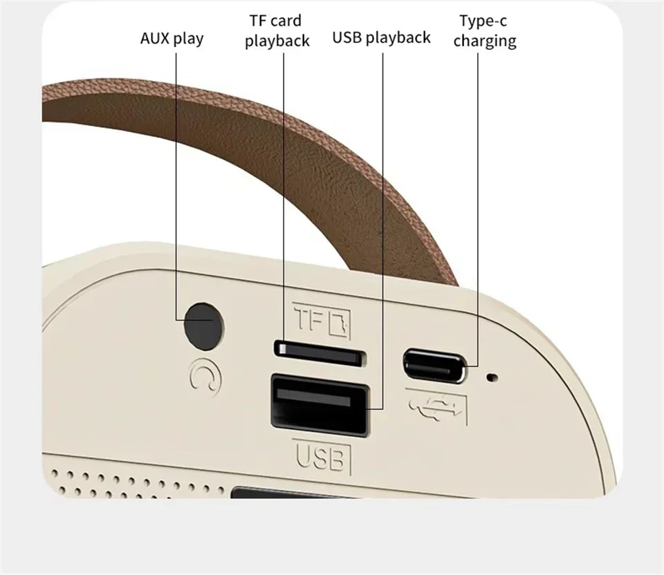 Close-up of karaoke speaker input/output ports—includes AUX, TF card, USB playback, and Type-C charging with genuine leather handle for portable convenience