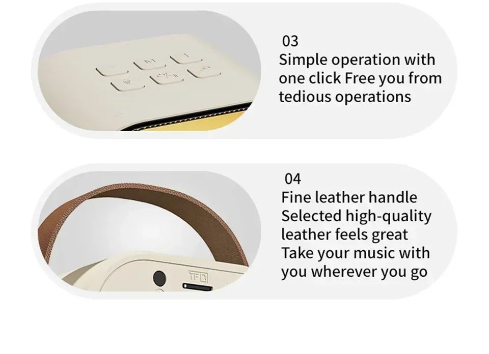 Promotional image highlighting simple one-click controls and fine leather handle—compact karaoke speaker designed for easy operation and stylish portability