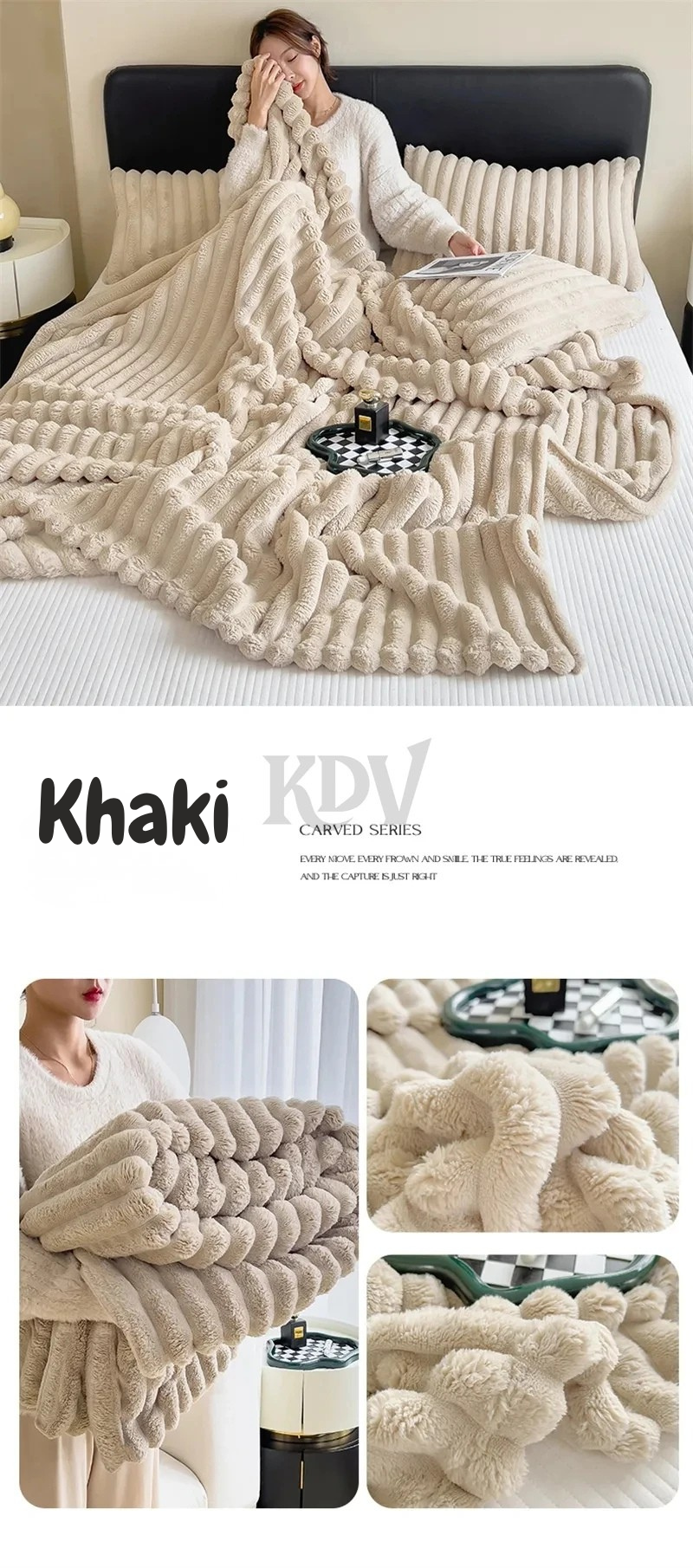 Khaki ribbed plush blanket shown in lifestyle and close-up views—soft, cozy, warm, and multifunctional for bed, sofa, or travel use