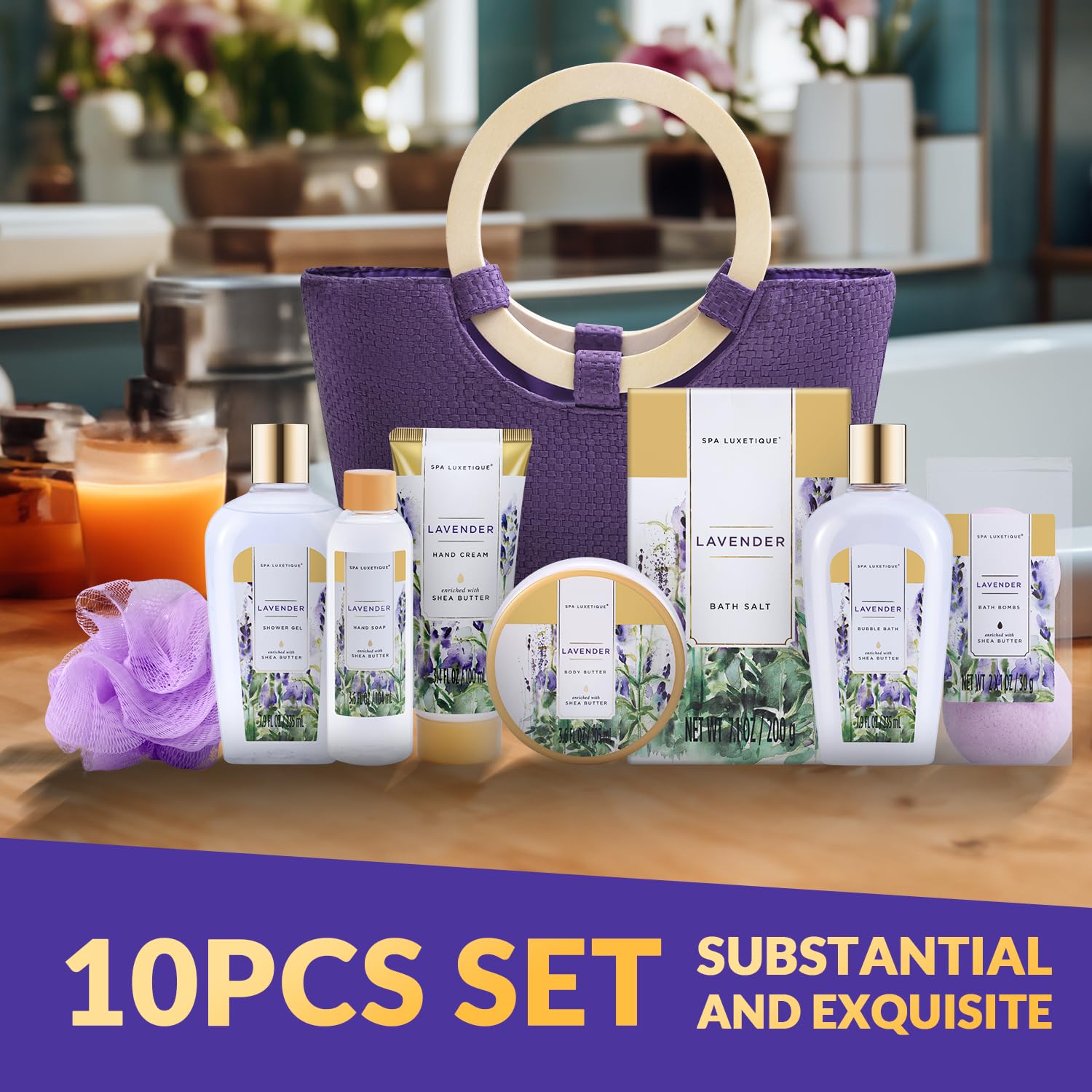 10-piece lavender bath gift set with body lotion, bubble bath, scrub, salts, and purple tote bag with wooden handles—displayed on wooden surface in serene bathroom setting