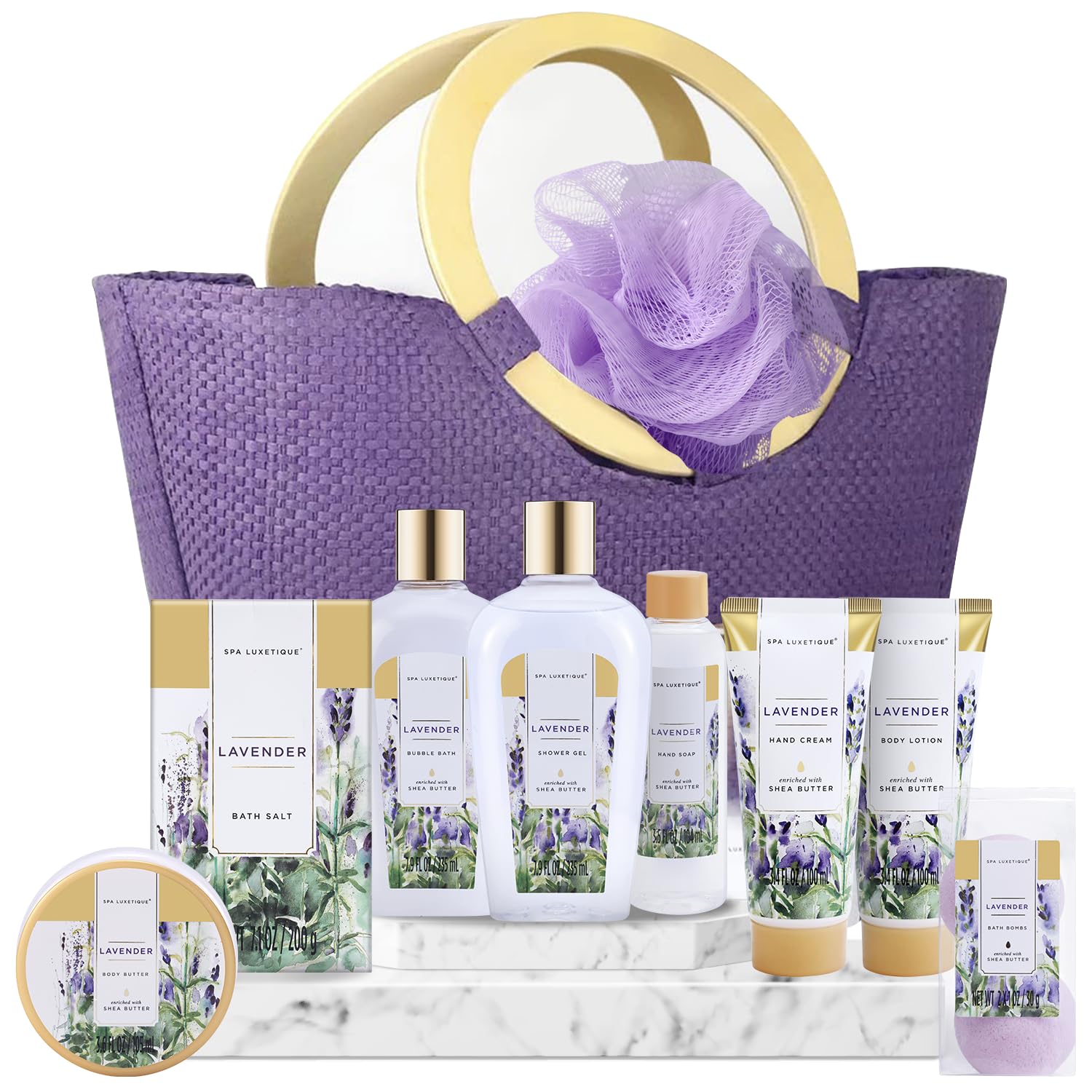 Lavender spa gift set for women—includes body lotion, bubble bath, shower gel, hand cream, bath salts, bath puff, and purple woven tote bag with gold handles on marble surface