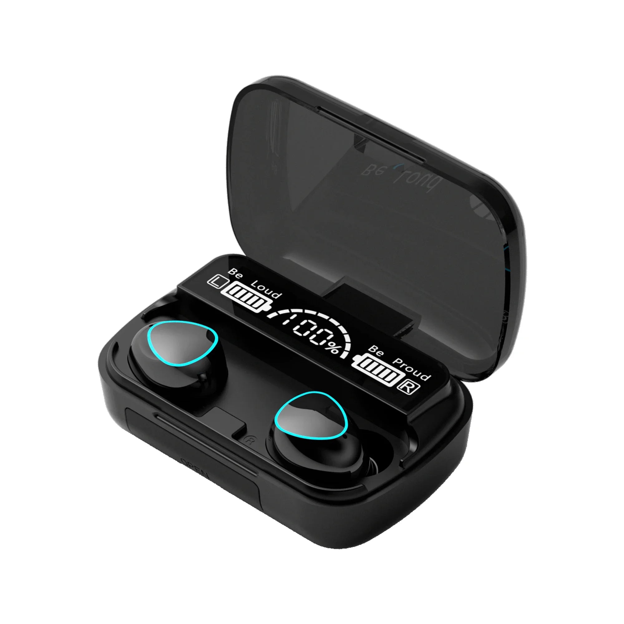 M10 wireless earbuds in open charging case with LED battery display—featuring touch control and Bluetooth 5.1 for immersive Hi-Fi sound Headset