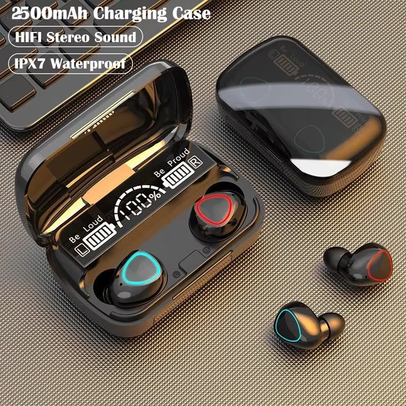 M10 wireless earbuds with open charging case and LED display—highlighting 2500mAh battery, HiFi stereo sound, and IPX7 waterproof design Headset