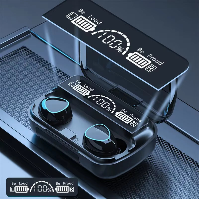 M10 wireless earbuds in charging case with transparent lid and LED display—showing 100% battery, motivational messages, and touch control features Headset