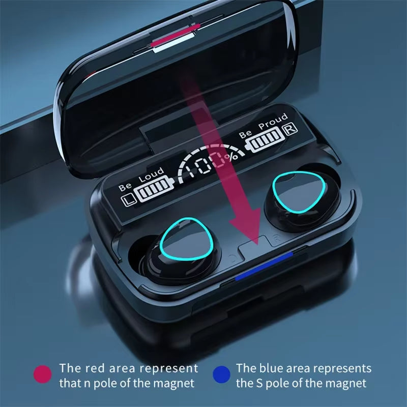 M10 wireless earbuds in transparent charging case with LED battery display and magnetic polarity guide—featuring touch control and Bluetooth 5.1Headset